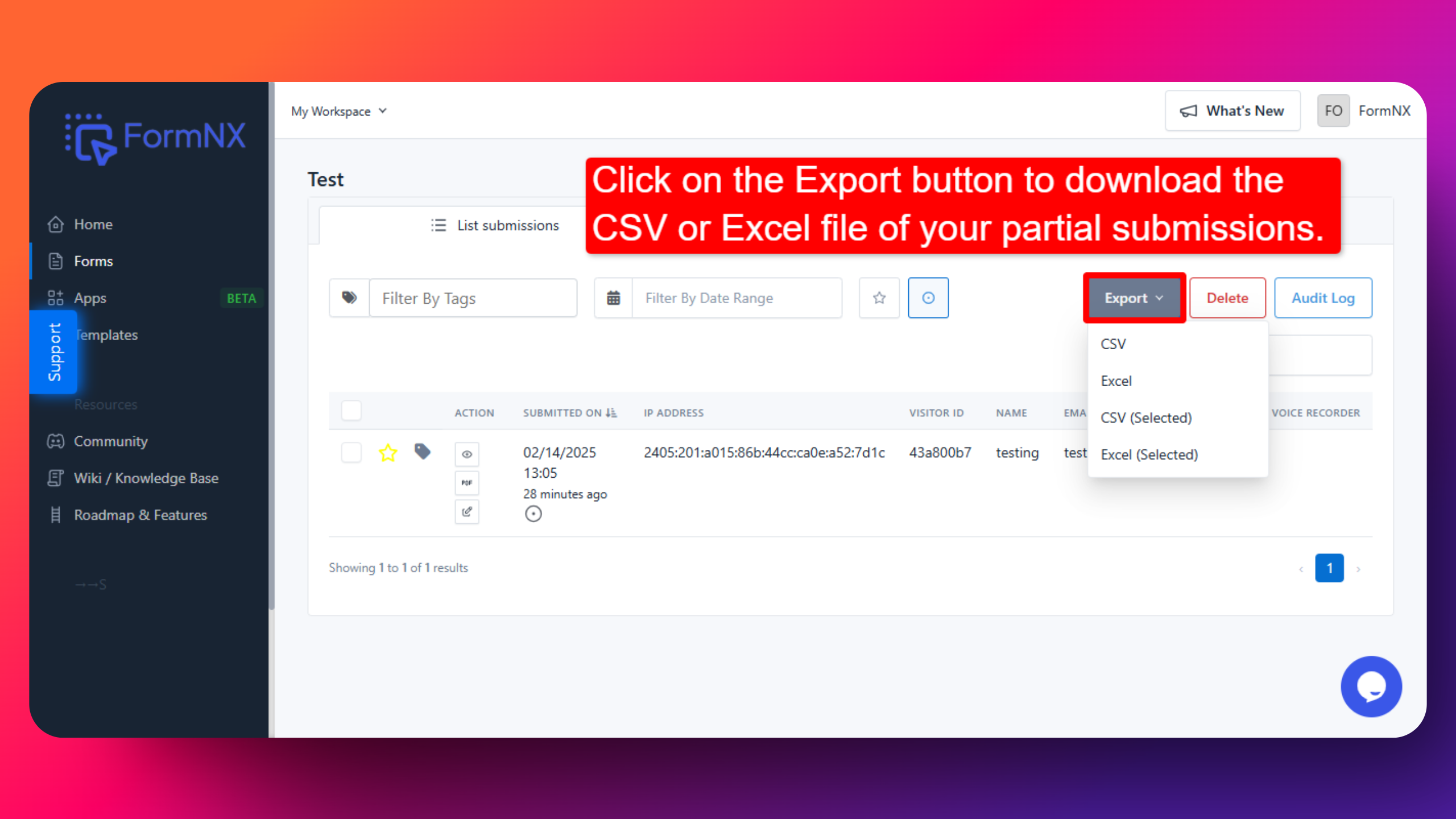 Export partial submissions