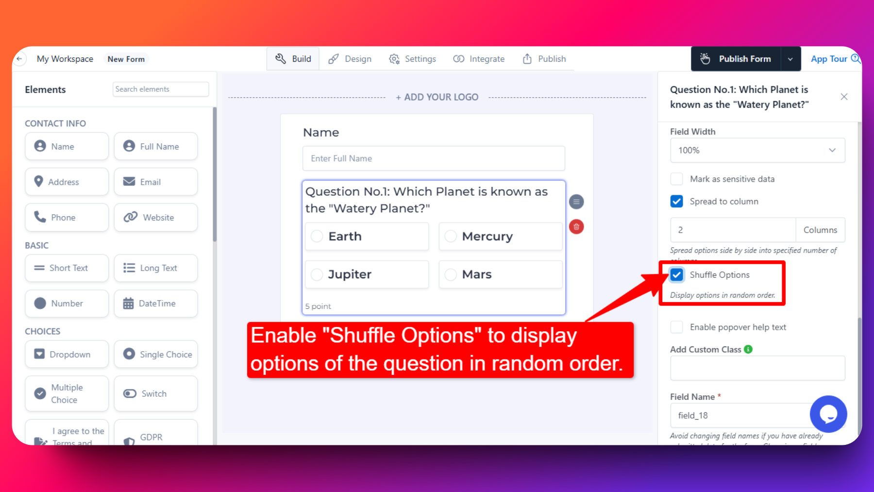 Randomizing options of the question