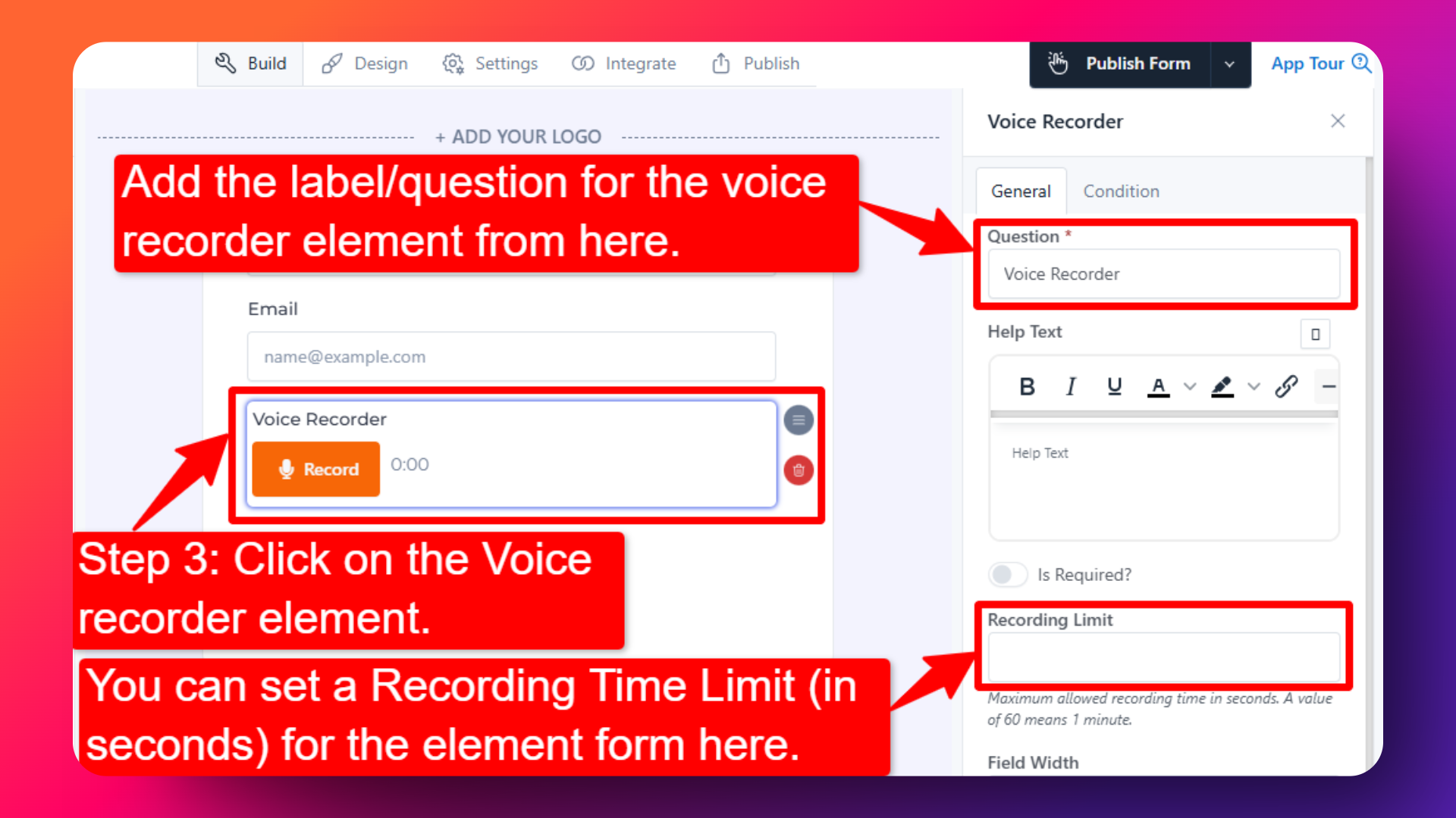 Steps for adding voice recorder element in forms